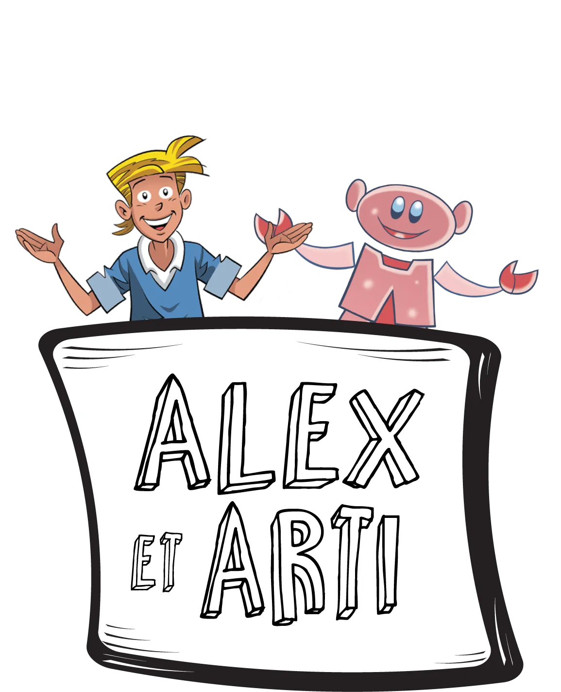 Illustration sur laquelle apparaissent deux personnages: Alex, un jeune homme et Arti, un robot.