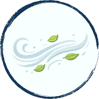 Illustration de feuilles emportées par un souffle de vent.