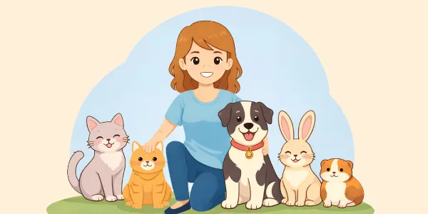 Une femme souriante entourée de deux chats, un chien, un lapin et un hamster sur une pelouse verte sous un ciel bleu.