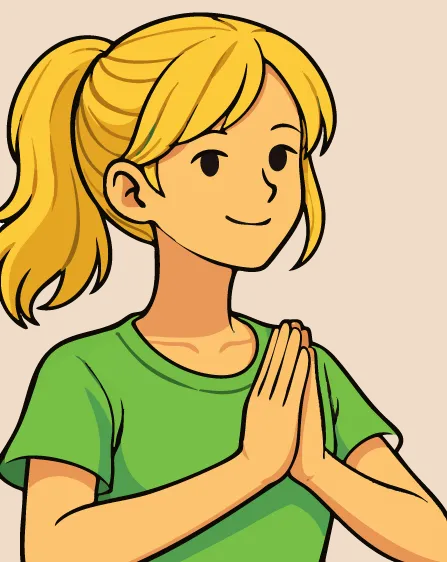 Une fille se tient debout, les mains jointes contre sa poitrine, dans une posture de relaxation.