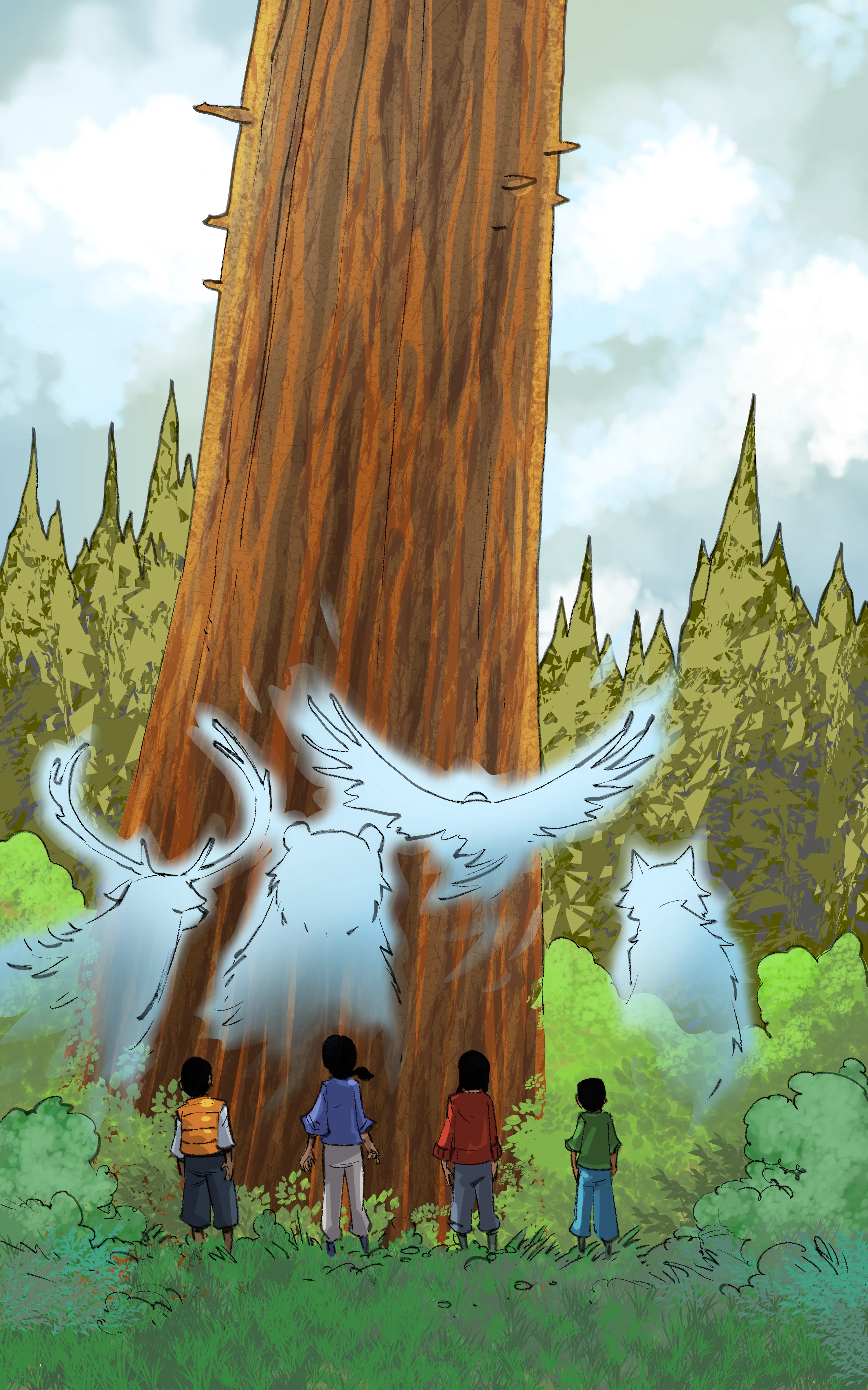 Les quatre spectres flottent au-dessus des quatre enfants au pied d’un arbre géant.