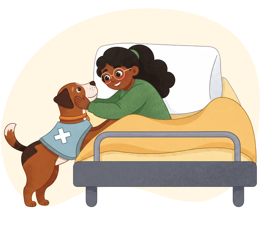 Une jeune fille assise sur un lit d'hôpital caresse un chien de thérapie qui porte un harnais avec une croix rouge.