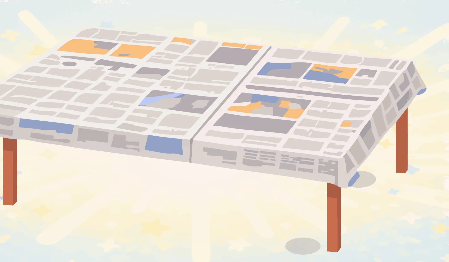 Une table est recouverte de papier journal.