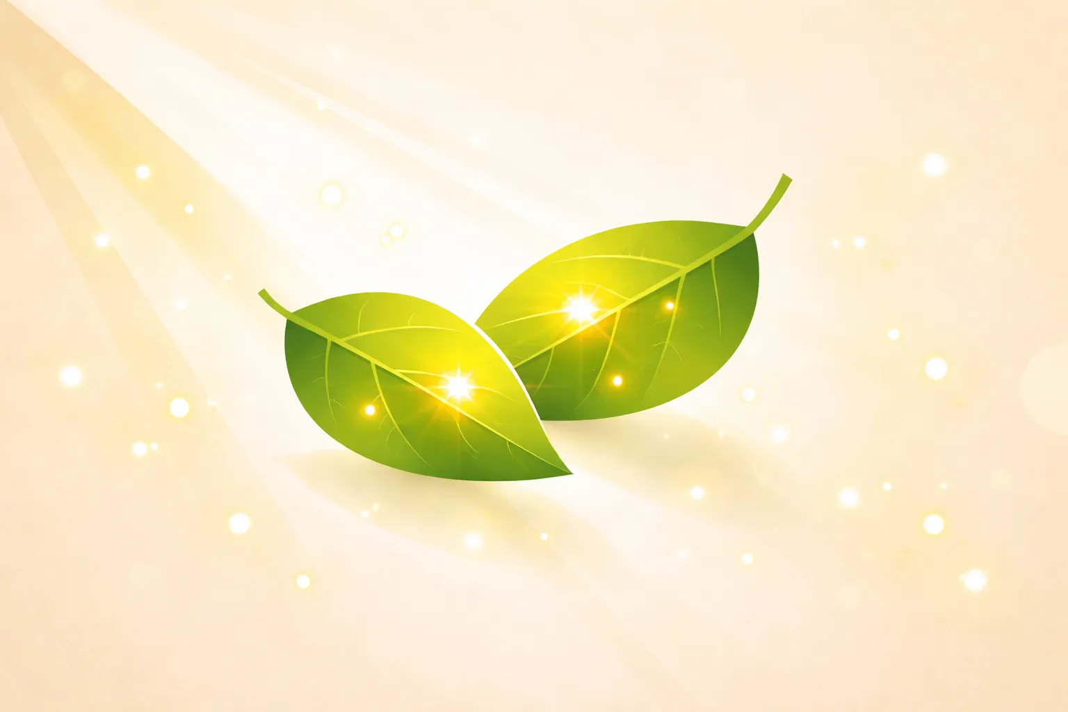 Deux feuilles vertes stylisées se chevauchent, éclairées par des points lumineux sur un fond clair aux dégradés de jaune.