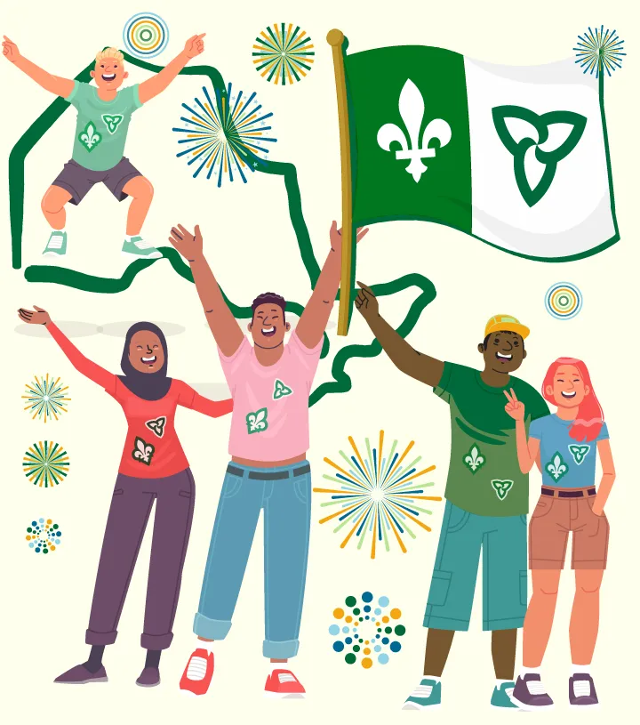 Cinq personnes d’âges et d’origines culturelles variés aux vêtements ornés de lys et de trilles, à côté d’un drapeau franco-ontarien, sous des feux d’artifice.