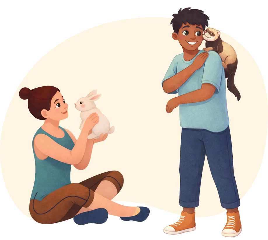 Une jeune fille assise par terre avec un lapin blanc et un jeune homme debout portant un furet sur ses épaules.