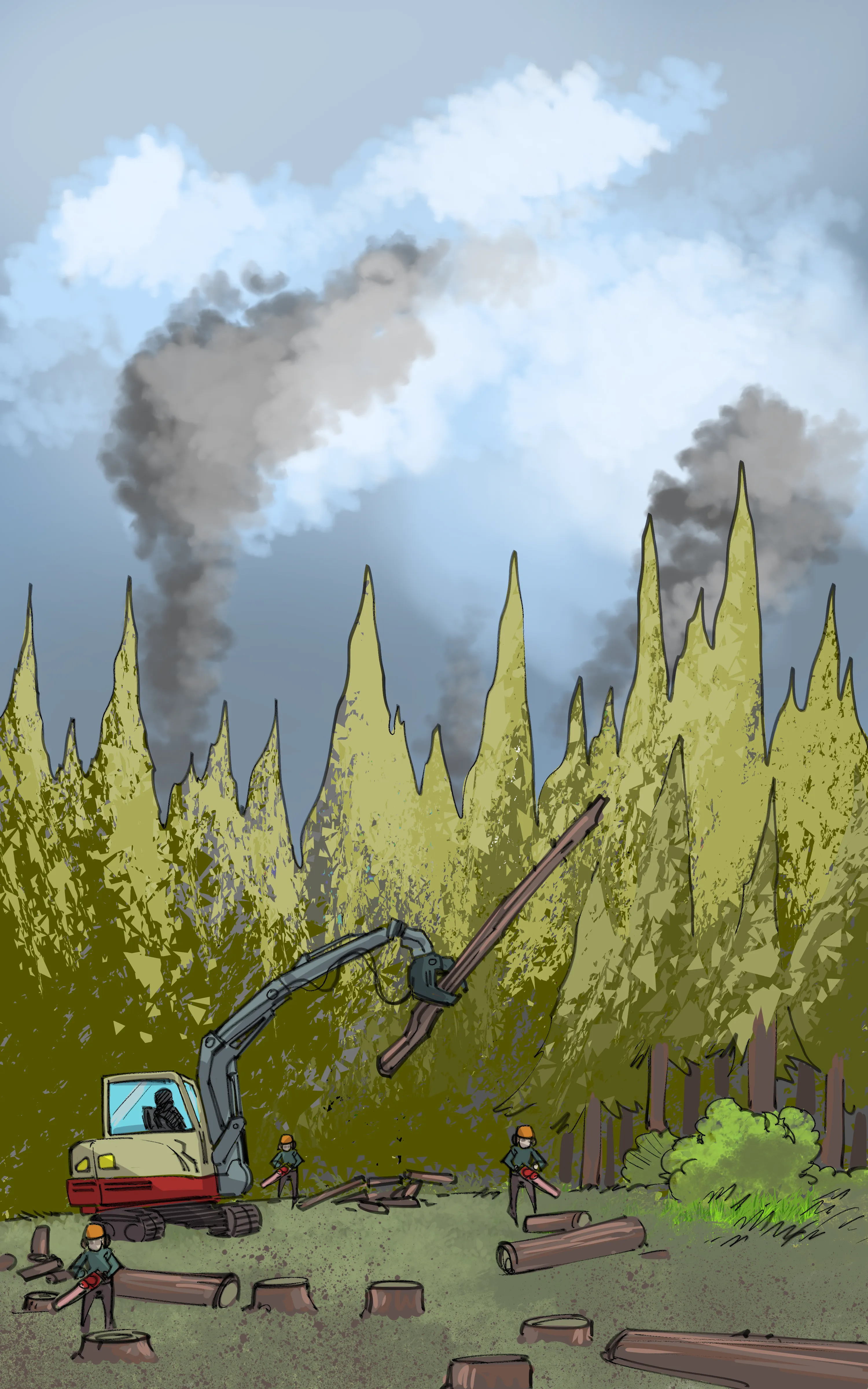 Dans la forêt enfumée, le grappin d’une grue soulève un long morceau de bois, tandis que des troncs découpés gisent au sol.