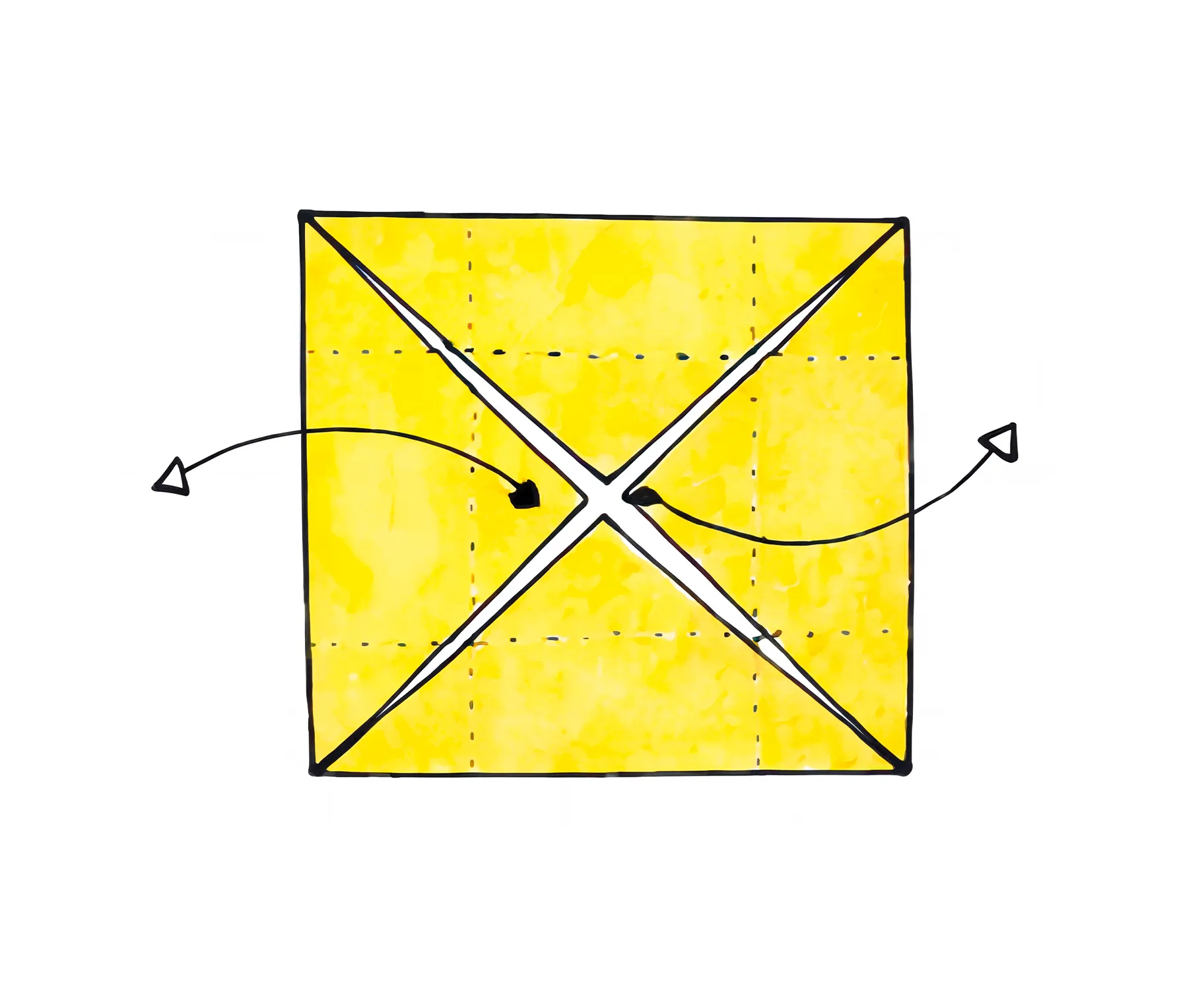 Schéma d’un carré jaune dont les plis diagonaux ouverts montrent deux coins opposés dépliés vers l’extérieur. Le mouvement est indiqué par des flèches courbes.