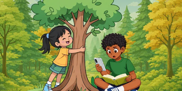 Une jeune fille souriante donne un câlin à un arbre. Un jeune garçon, assis avec un livre sur les genoux, regarde un cellulaire, distrait.