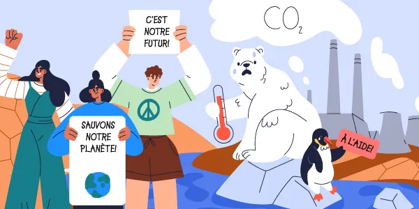 Au bord d’un cours d’eau, trois jeunes manifestent pour la planète aux côtés d’un ours polaire et d’un manchot en détresse sur un minuscule bloc de glace. Derrière eux, une usine émet du CO2.