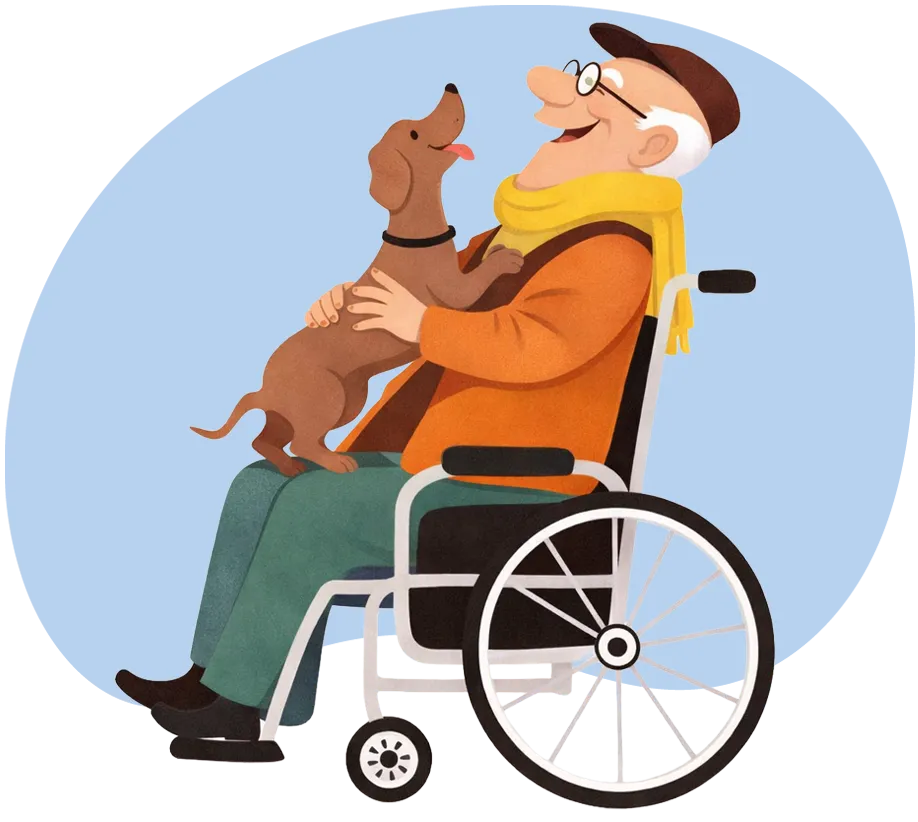 Un homme âgé à lunettes et portant une casquette, assis dans un fauteuil roulant, câlinant un petit chien brun sur ses genoux.