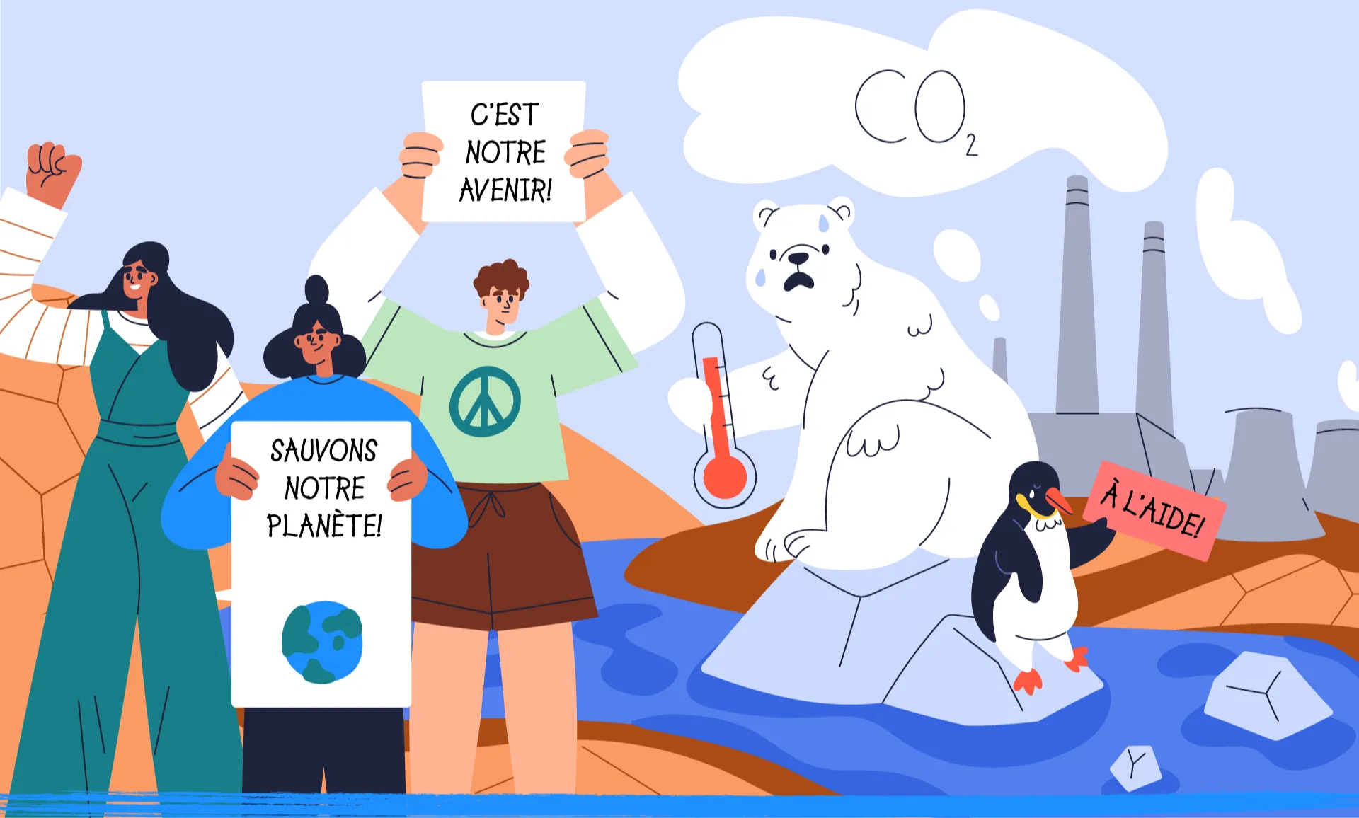 Au bord d’un cours d’eau, trois jeunes manifestent pour la planète aux côtés d’un ours polaire et d’un manchot en détresse sur un minuscule bloc de glace. Derrière eux, une usine émet du CO2.