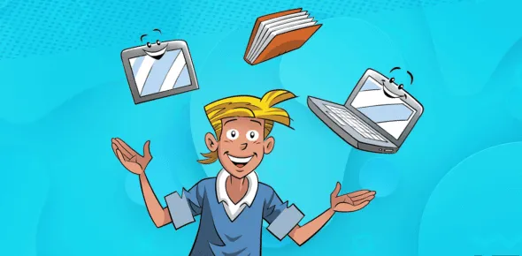 Alex est survolé d’une tablette électronique souriante, d’un livre et d’un ordinateur souriant.