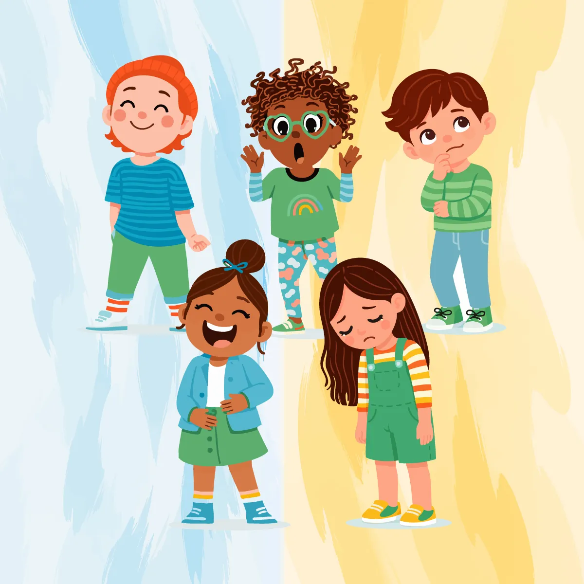 Cinq enfants montrent différents états : un garçon est content, une fille a peur, un autre garçon réfléchit, une jeune fille rit, et une autre est triste.