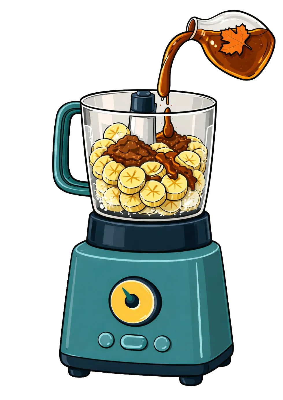 Du sirop d’érable est versé dans un robot culinaire rempli de rondelles de banane et de cacao.