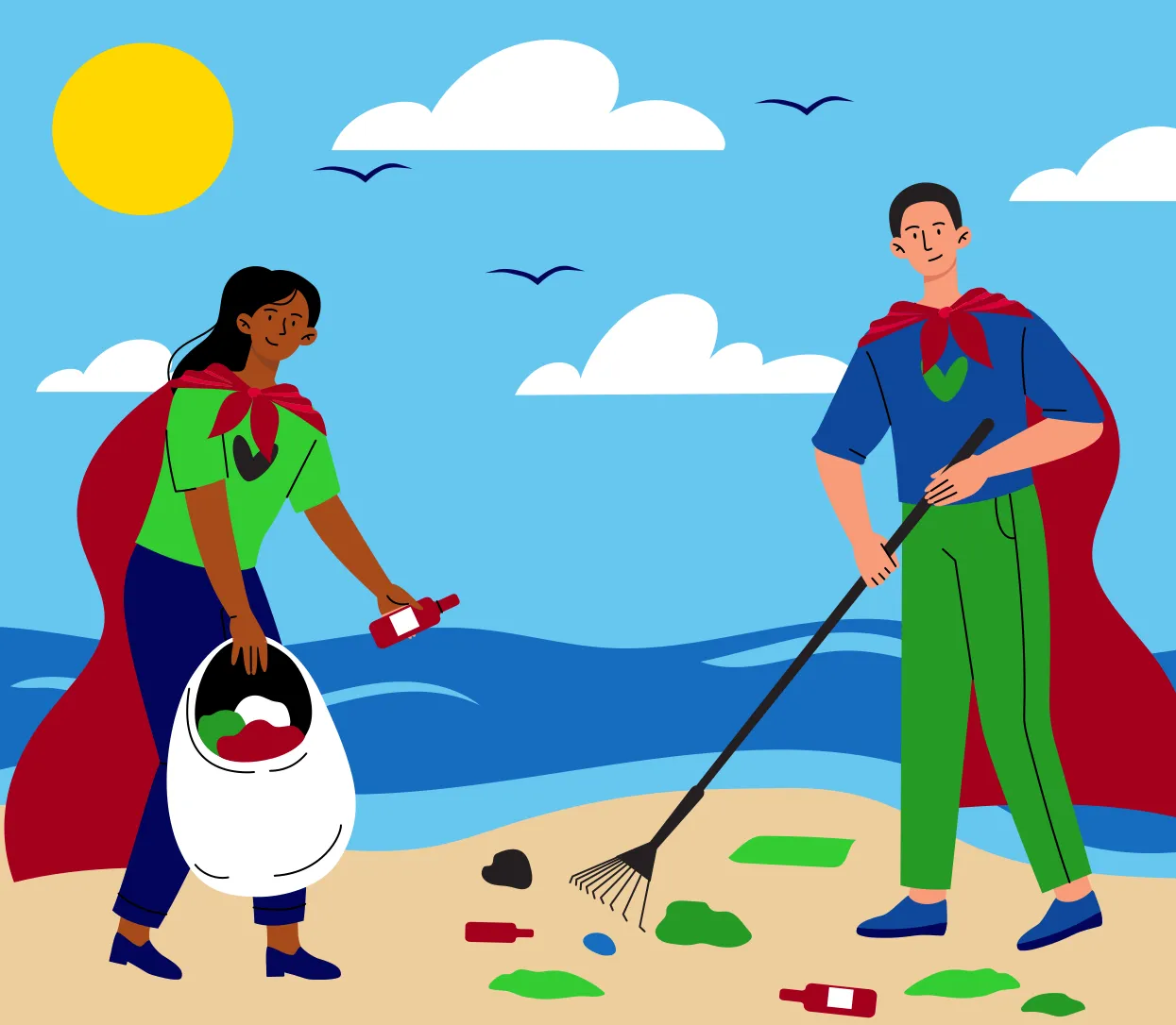 Une fille et un garçon munis d’une cape qui ramassent des déchets sur une plage.