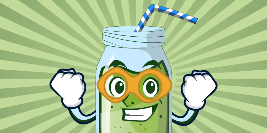 Un pot de smoothie vert avec des bras, un visage et un masque de superhéros sur les yeux.
