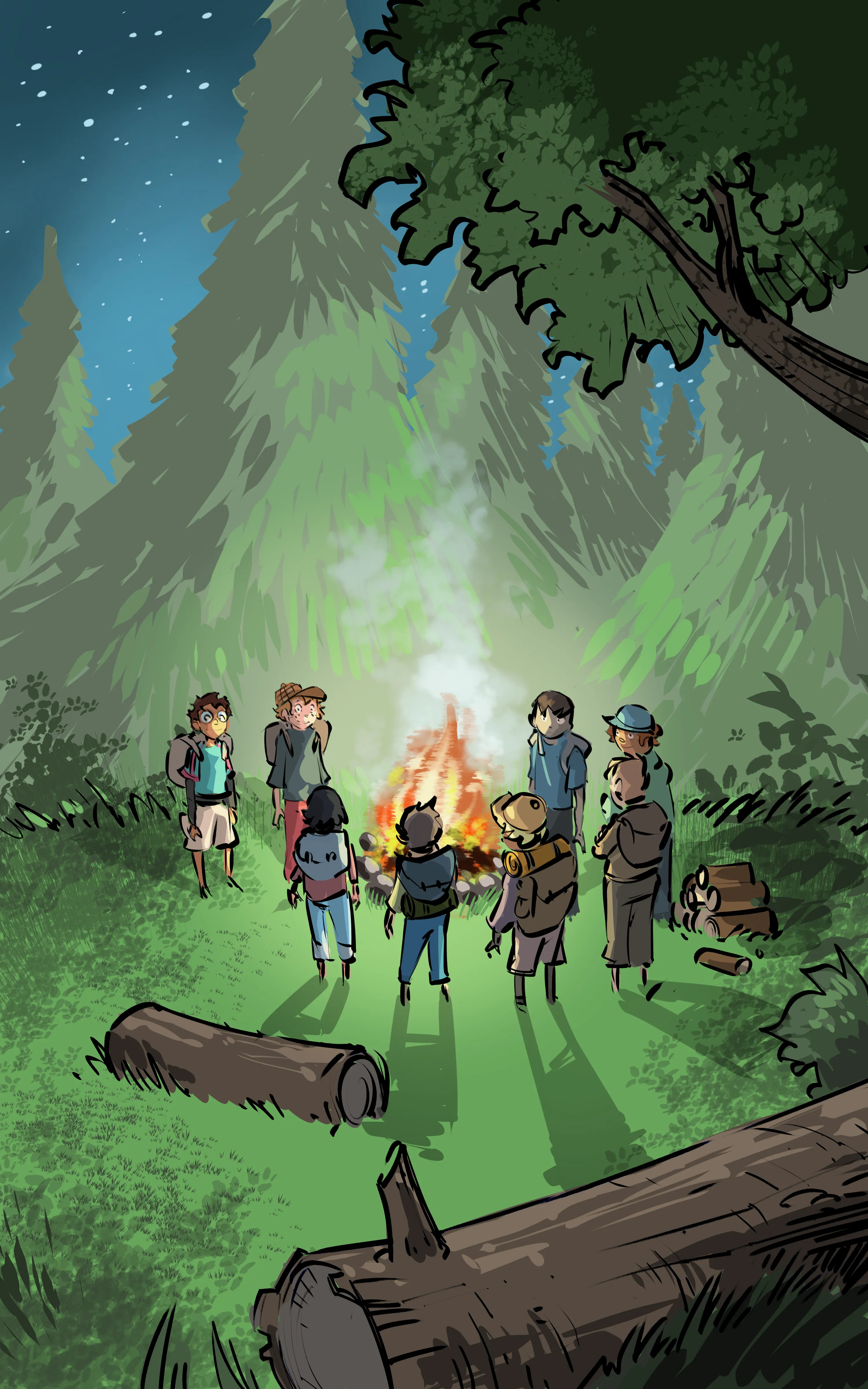 Sous le ciel étoilé dans la forêt, plusieurs enfants, dont Mikka et ses amis, sont debout autour d’un feu de camp.