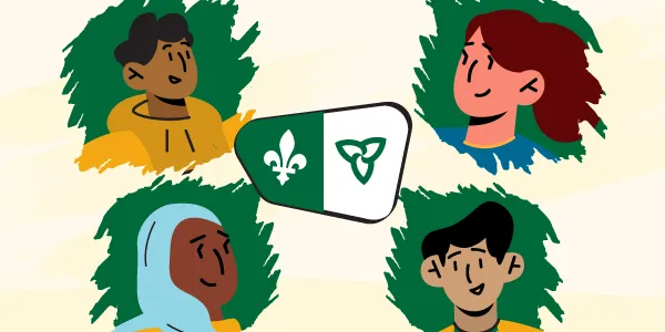 Quatre visages de personnes de différentes origines culturelles autour d'un drapeau franco-ontarien.