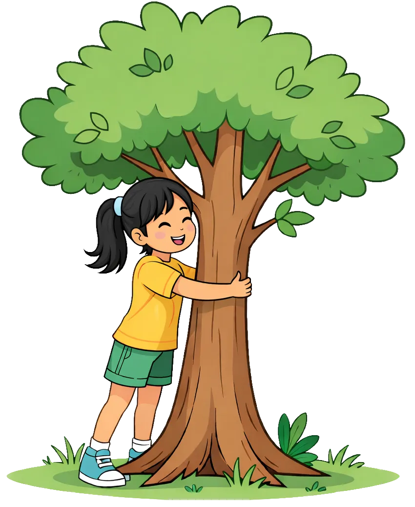 Une jeune fille souriante donne un câlin à un arbre.