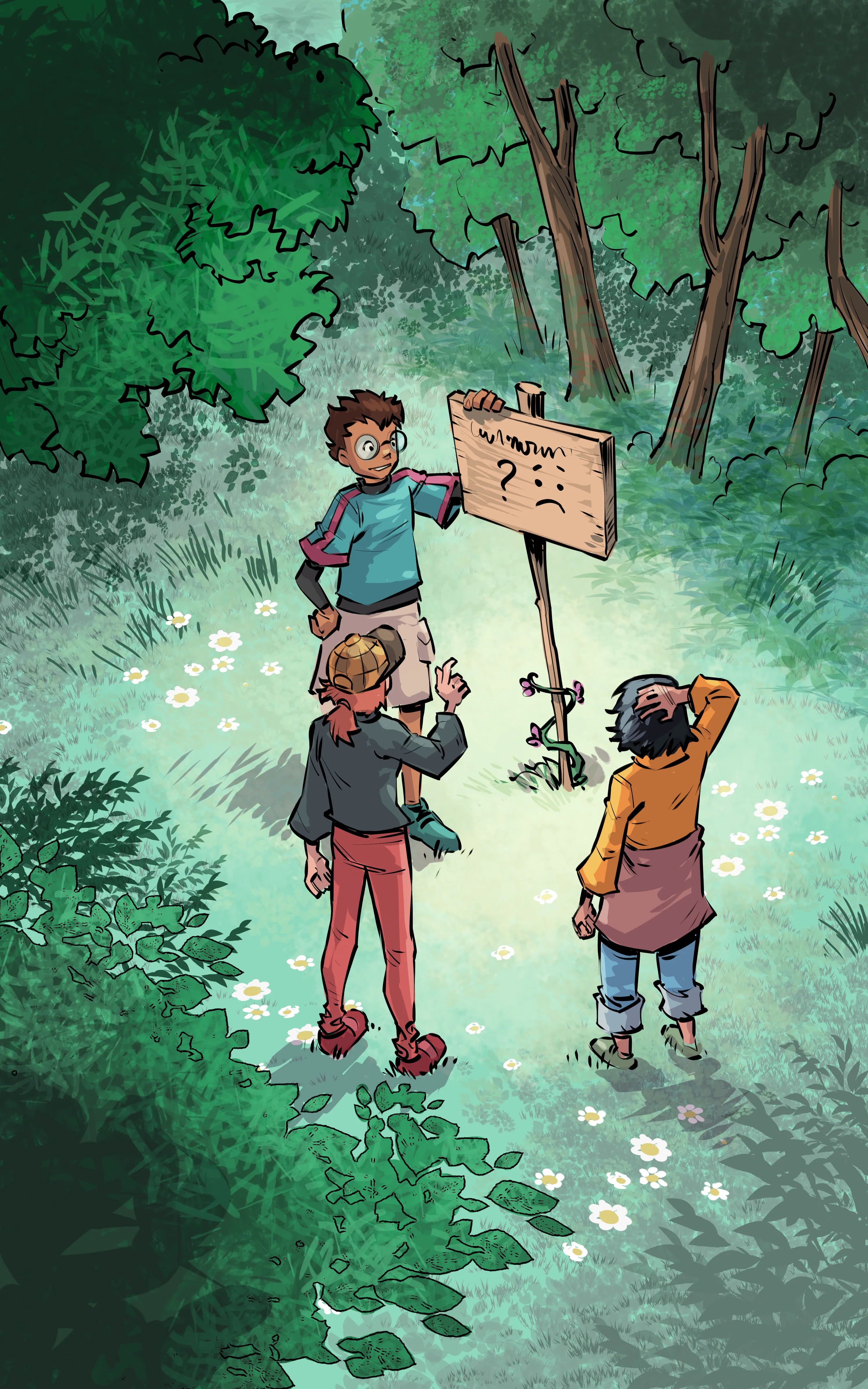 Marchant dans la forêt, Mikka, Mei et Kaya s’arrêtent devant une pancarte qui affiche un visage triste et un point d’interrogation.