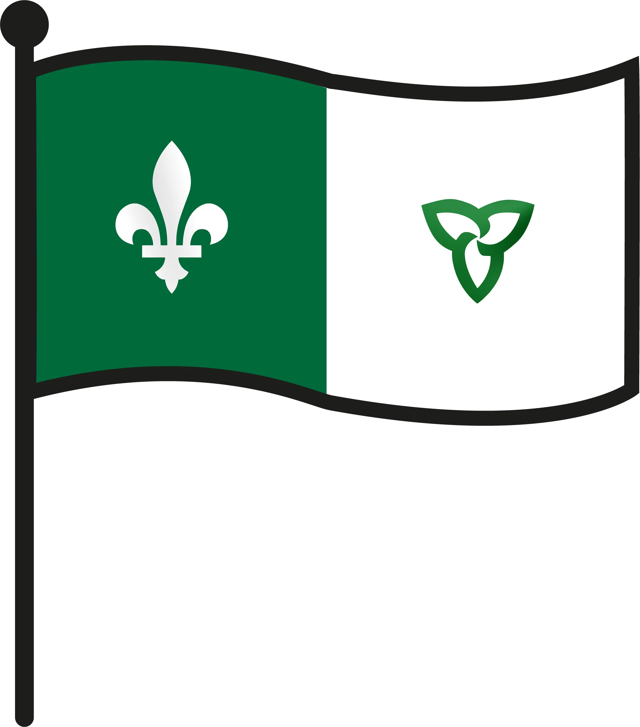 Drapeau franco-ontarien : rectangle divisé en deux. Premier côté : une fleur de lys blanche sur fond vert. Deuxième côté : un trille vert sur fond blanc.