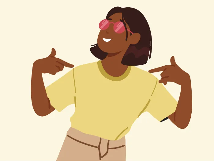 Une jeune fille souriante, portant des lunettes de soleil roses, pointe ses deux index vers elle-même avec un air fier.