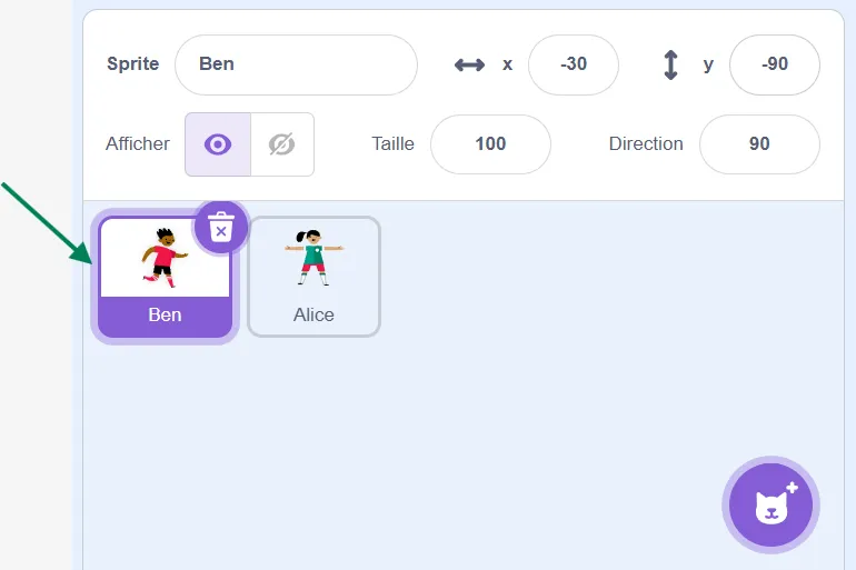 Une icône de poubelle se superpose au sprite de Ben.