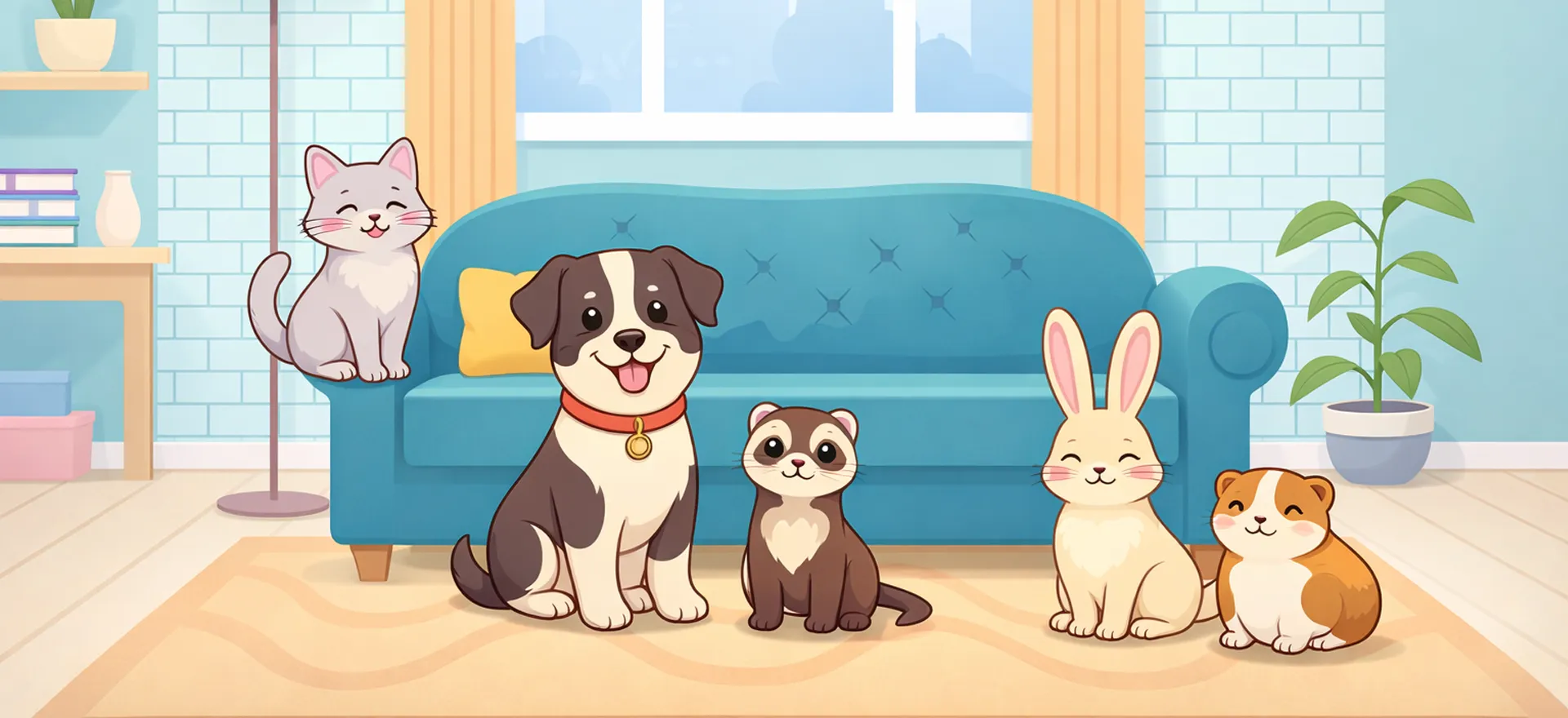 Dans un salon moderne, un chat gris est assis sur l’accoudoir d’un canapé. Devant celui-ci, au sol, se trouvent un chien, un furet, un lapin et un hamster.