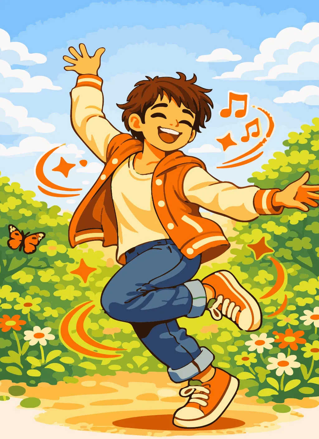 Un garçon souriant danse dans un jardin de fleurs.