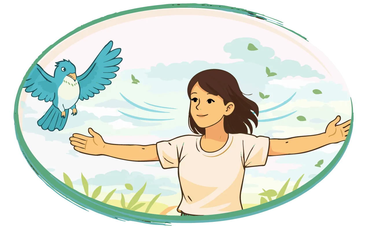 Sous un ciel bleu, une jeune fille lève les bras à l’horizontale, paumes tournées vers l’extérieur. Près d’elle, un oiseau ouvre les ailes.