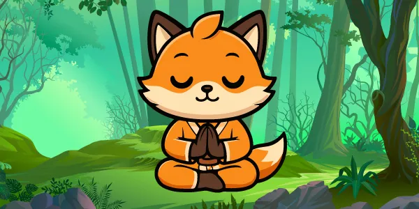 Un petit renard médite paisiblement en position du lotus au cœur d'une forêt.