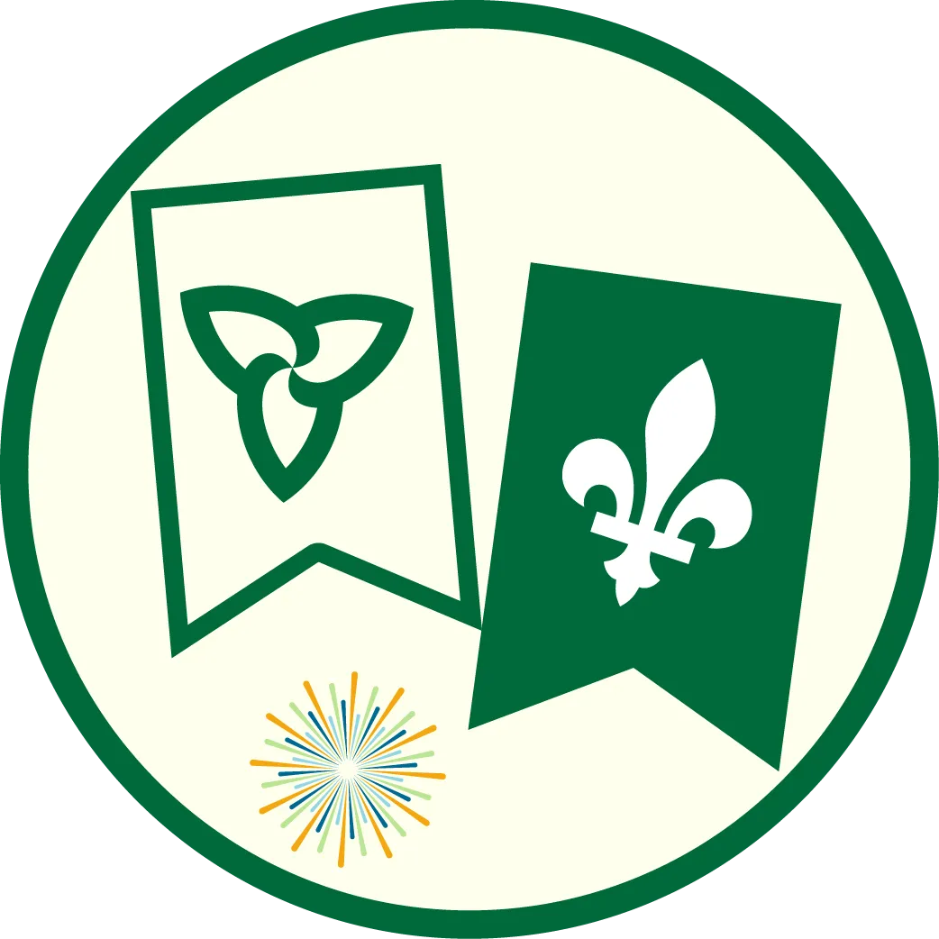 Deux rubans : le premier est blanc avec un trille vert, le deuxième est vert avec une fleur de lys blanche.
