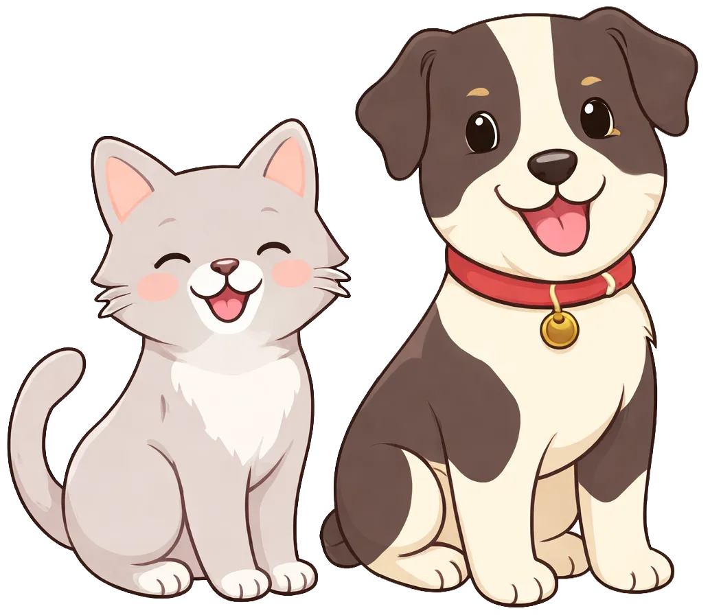 Un chaton gris et un chiot brun côte à côte, tous deux souriants.