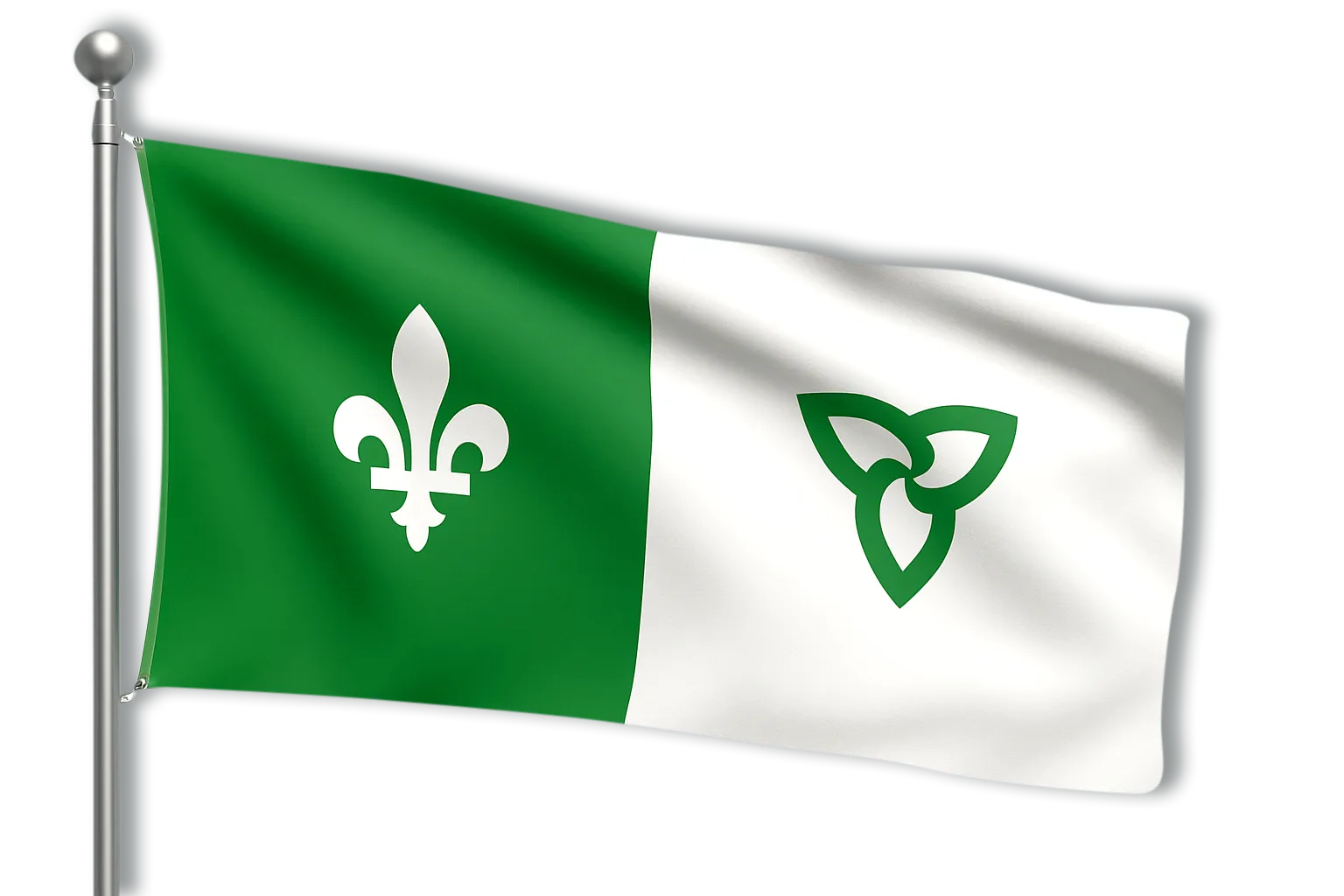 Drapeau franco-ontarien vert et blanc avec fleur de lys et trille, symboles de la francophonie et de l’Ontario.