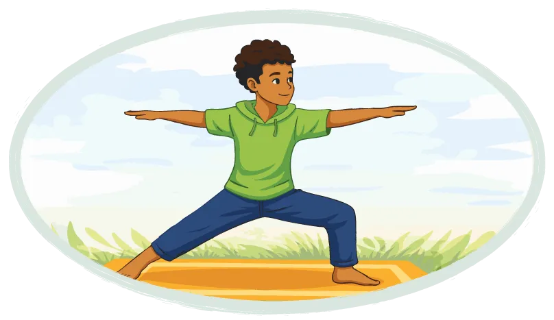 Un garçon souriant pratique le tai-chi sur un tapis étalé sur l’herbe. Ses jambes sont largement écartées et ses bras sont tendues à l’horizontale.