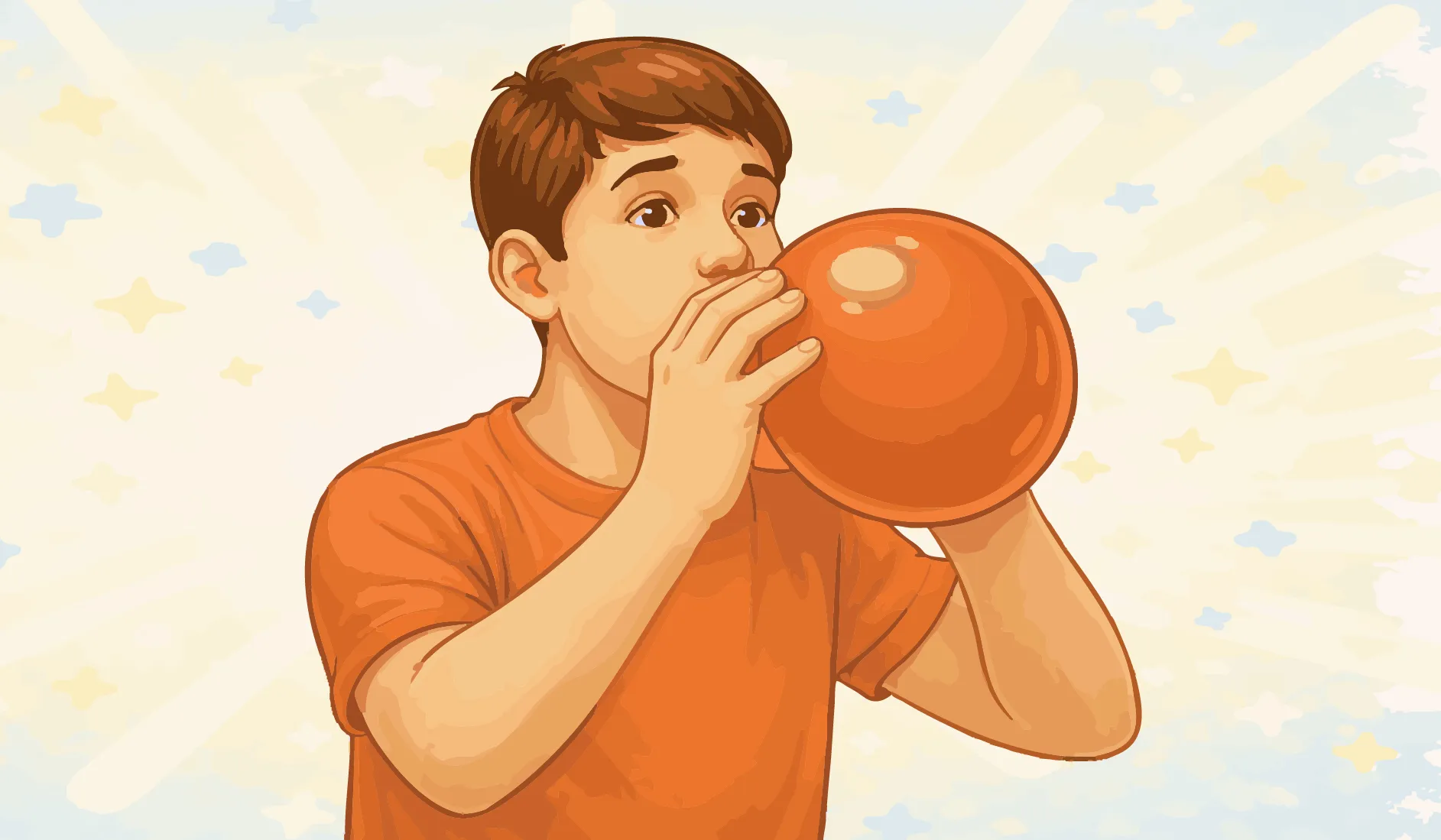 Un jeune homme souffle dans un ballon.