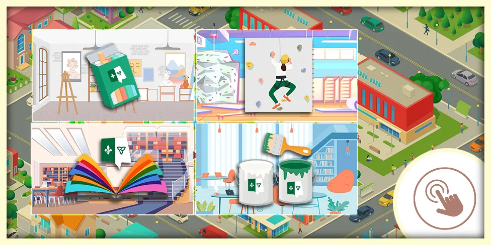 Illustration de la créativité franco-ontarienne : peinture, escalade, lecture et bricolage, célébrant culture et loisirs en Ontario.