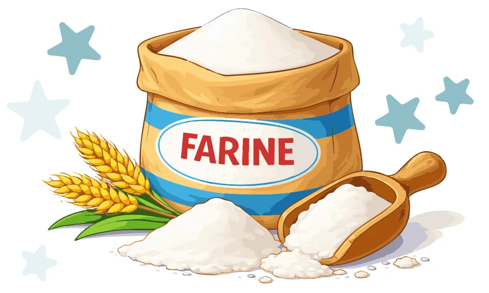 Un sac de farine, une petite pelle et du blé sont alignés.