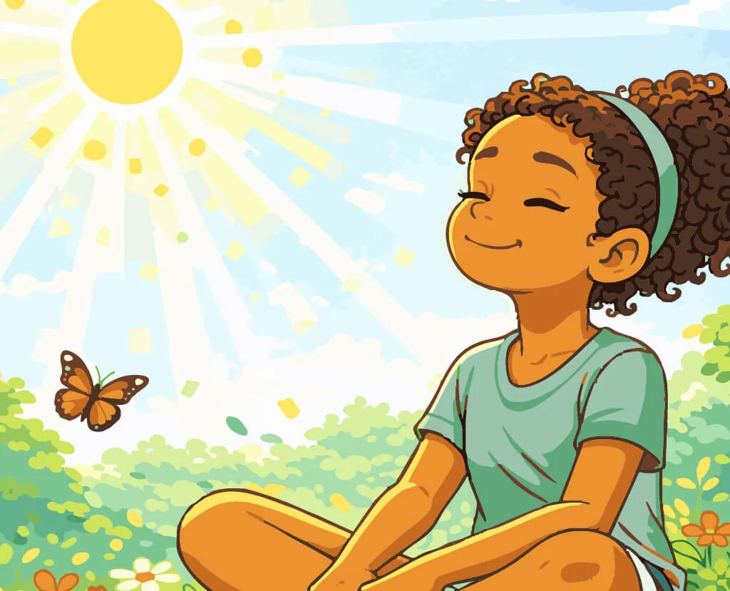 Une jeune fille assise en tailleur médite sous le soleil. Un papillon monarque vole près d’elle.