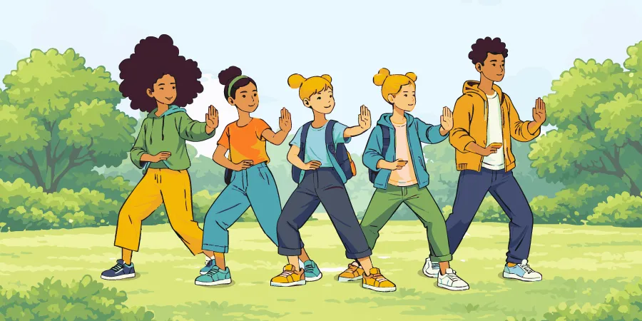 Cinq enfants pratiquent le tai-chi dans un parc. Ils sont entourés d’arbres et de végétation.