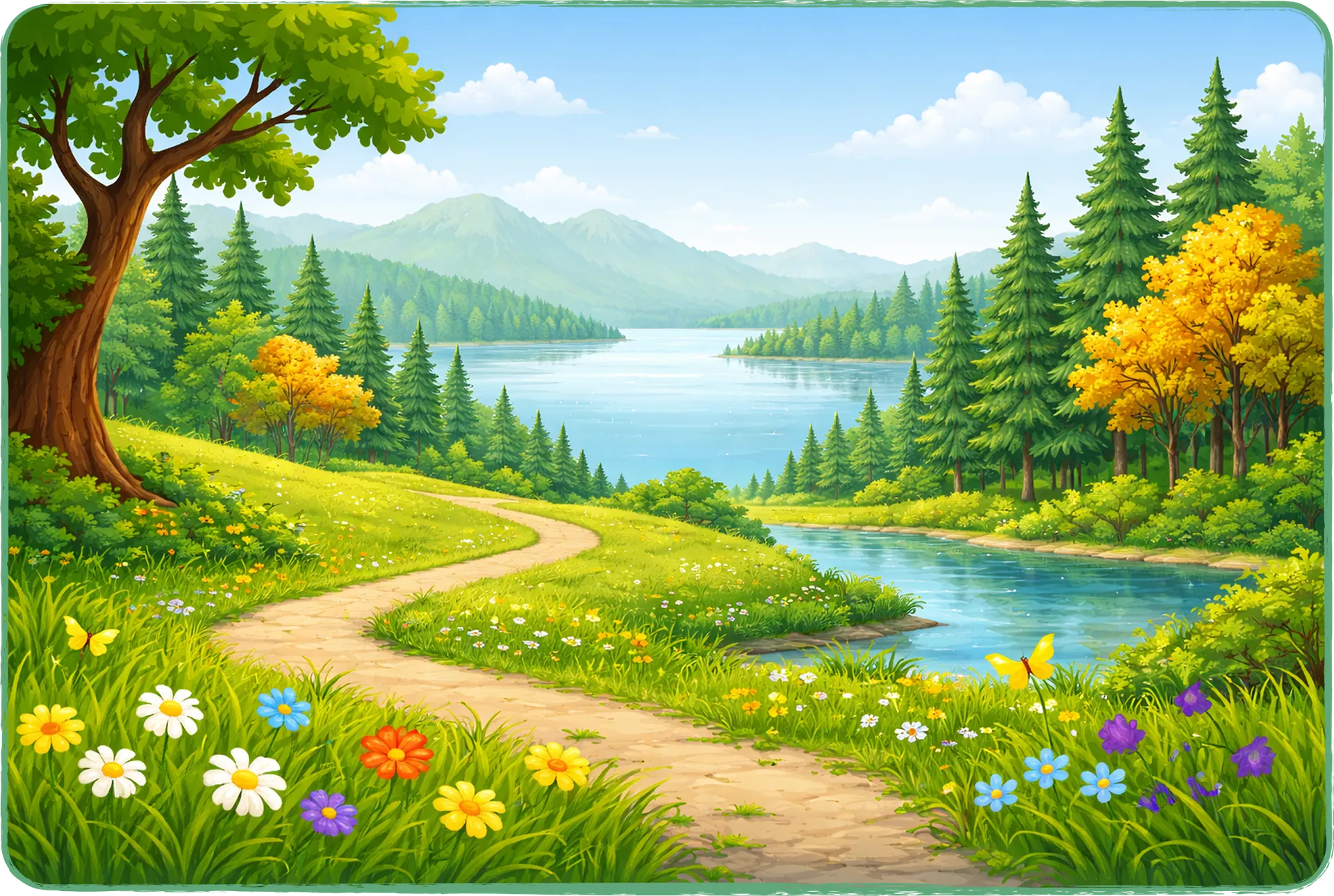 Illustration d’un sentier dans la forêt bordé par un lac sous un ciel bleu. Des arbres et des fleurs colorées poussent de chaque côté du chemin.