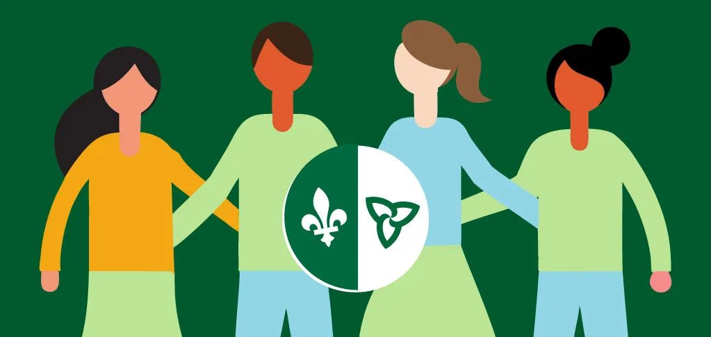 Quatre femmes de différentes origines culturelles, entrelacées. Devant elles, un symbole franco-ontarien.