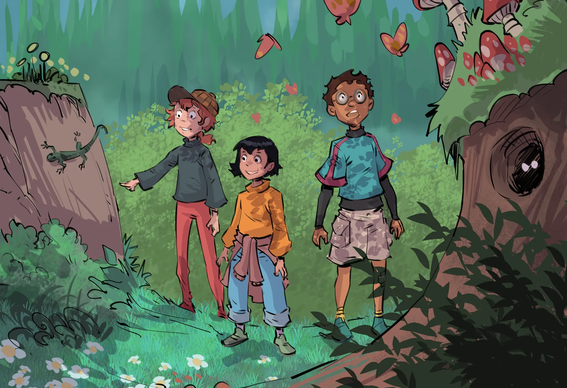 Mikka, Mei et Kaya marchent dans la forêt et regardent la nature, épatés. Des arbres et des champignons se dressent autour d’eux, des papillons volent. Mikka pointe un lézard sur un rocher. Un hibou dort au creux d’un arbre.
