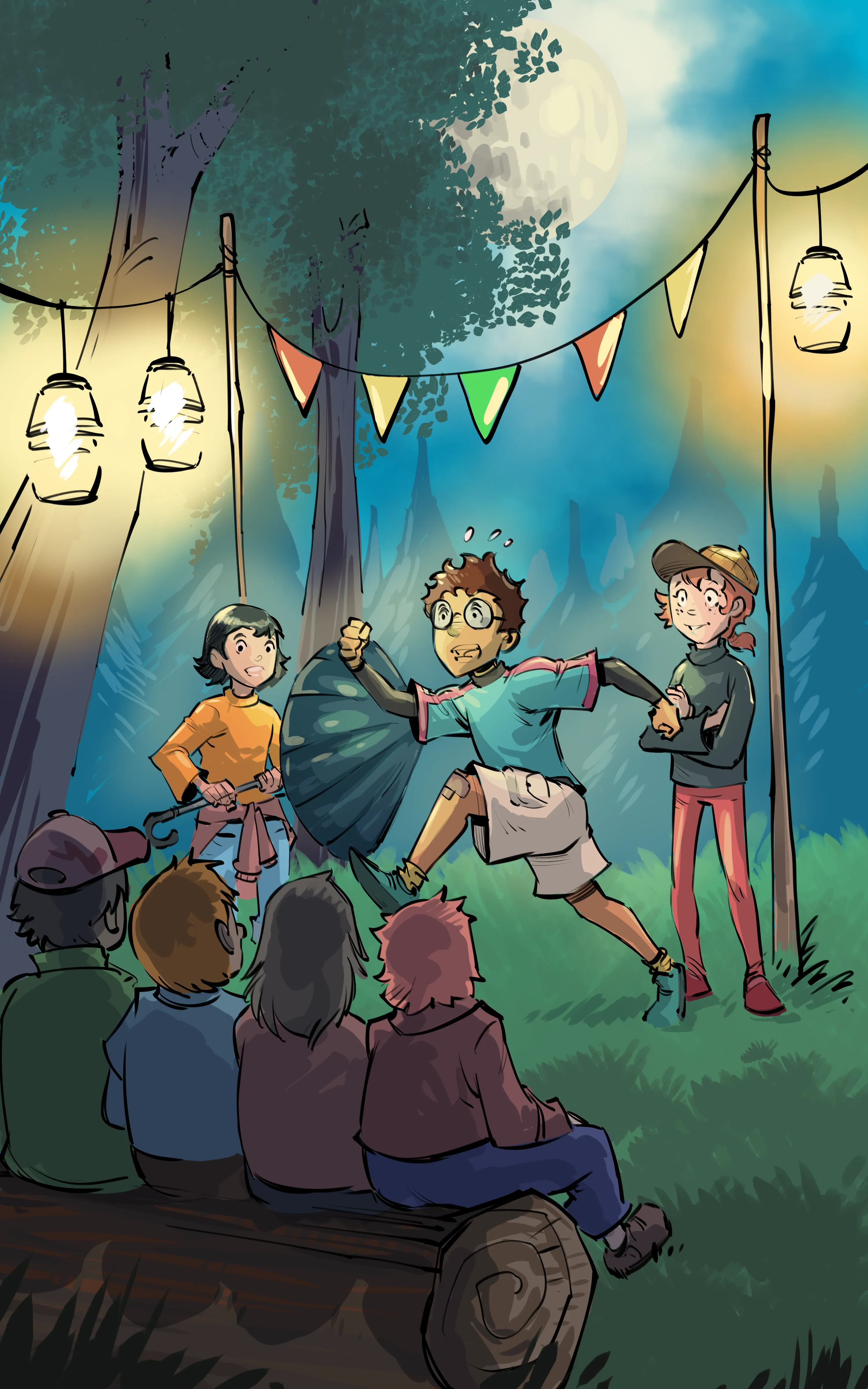 Le soir, sous des lanternes suspendues, les amis présentent une scène de théâtre devant les autres enfants, assis et attentifs. À l’avant, Kaya marche d’un pas pressé. Derrière, Mei tient un parapluie en souriant et Mikka croise les bras, détendue.