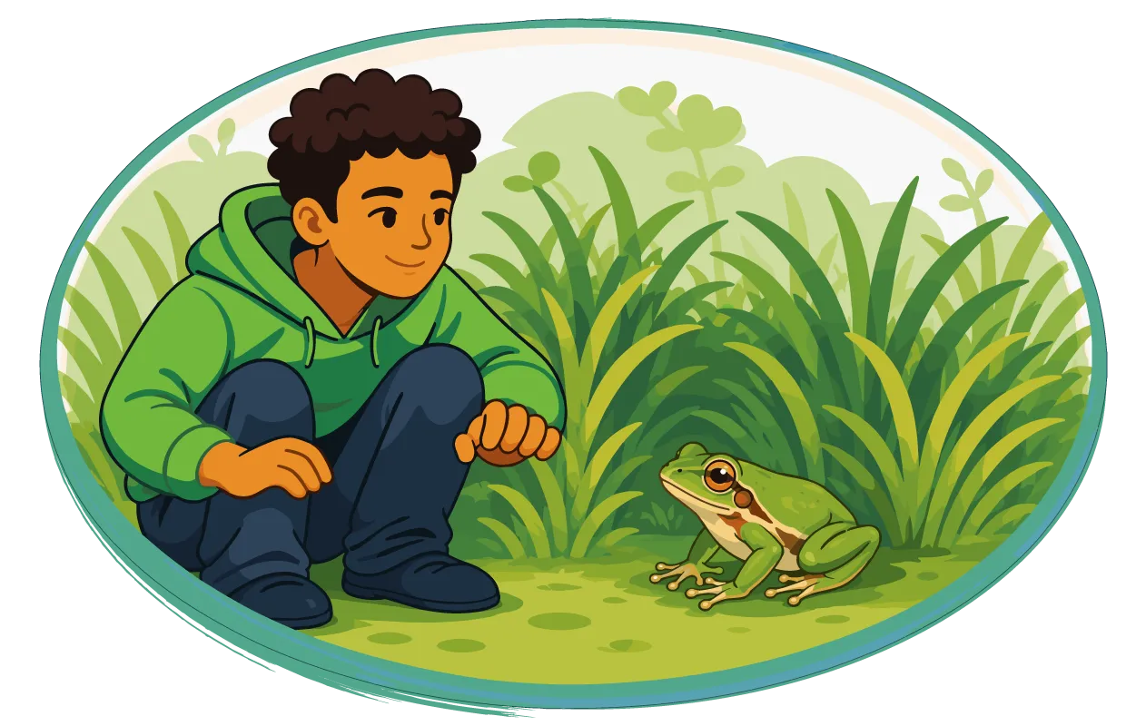 Un garçon est accroupi dans l’herbe, imitant une grenouille à l’affut.