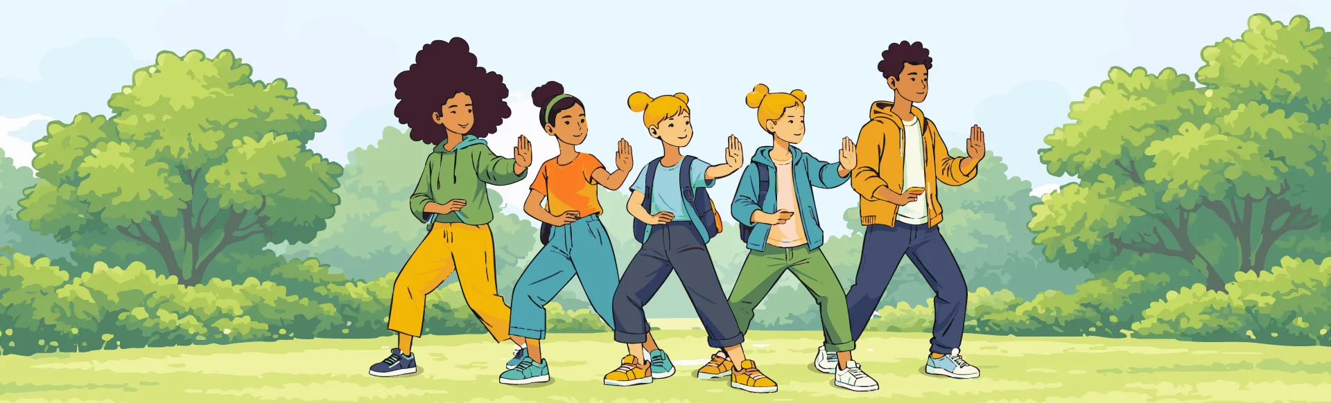 Cinq jeunes exécutent une posture de tai-chi dans un parc: un bras tendu vers l’avant, paume ouverte, et l’autre main près de la taille, avec les jambes fléchies.