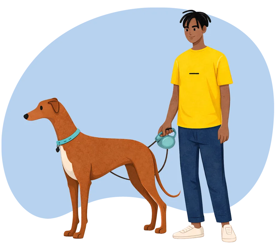 Un jeune homme tient un gros chien en laisse.