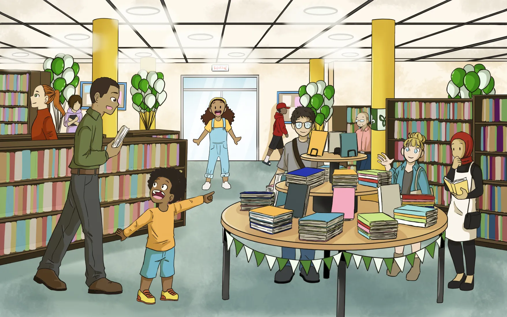 Jasmine, joyeuse, arrive dans la bibliothèque, décorée de ballons verts et blancs et de drapeaux franco-ontariens. Un père marche, un livre à la main. Son fils, souriant, pointe une table remplie de piles de livres.