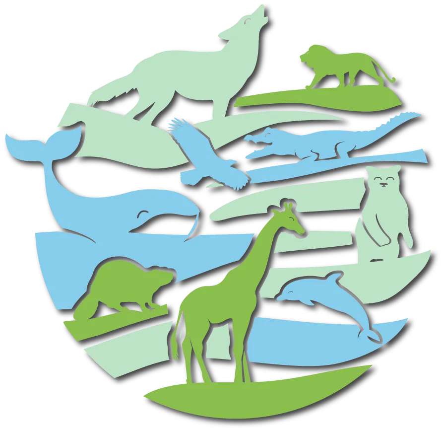 Image artistique en forme de sphère, montrant des silhouettes de différentes espèces animales, terrestres et marines, dans des teintes de bleu et de vert.